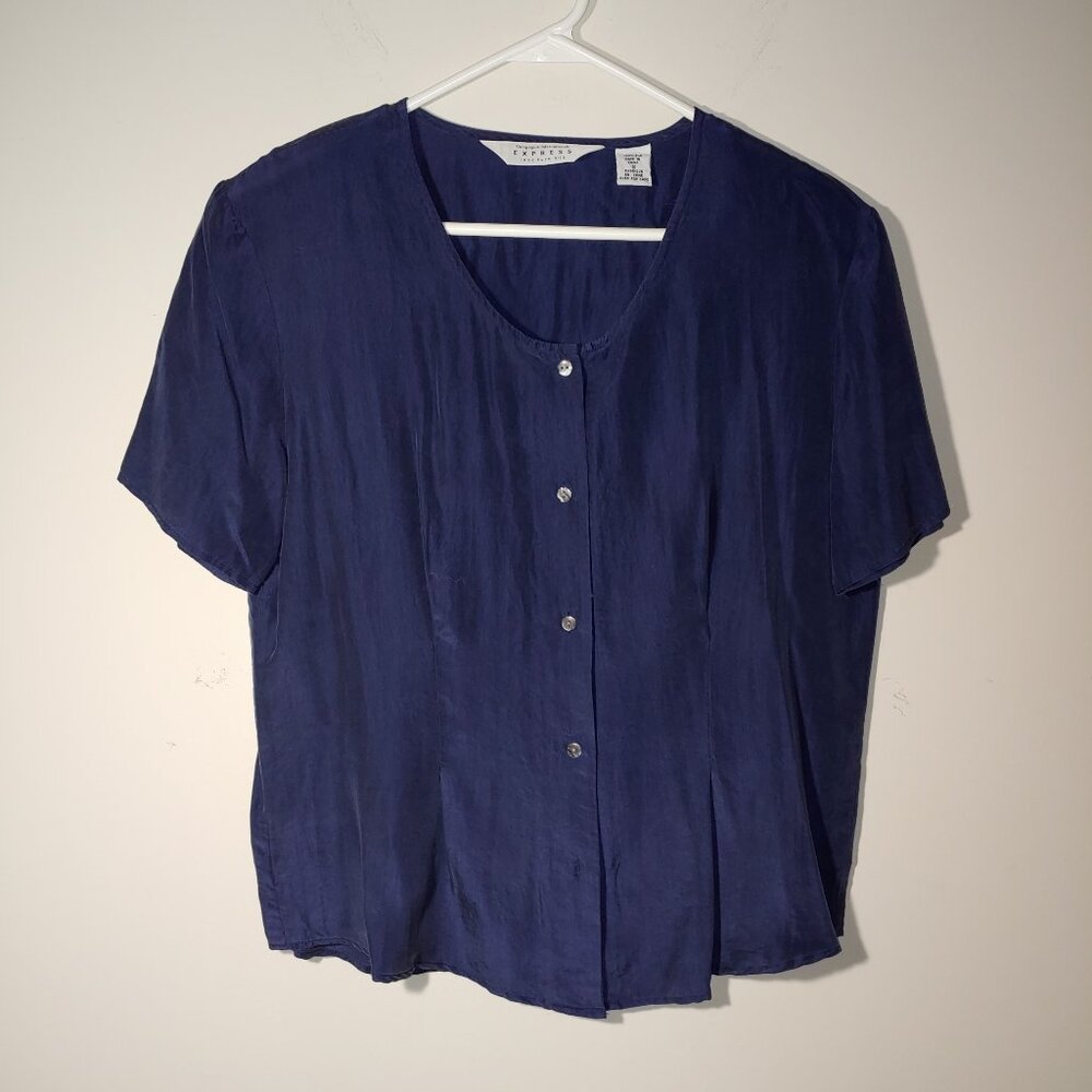 Vintage Express Compagnie International 100% Pure Silk Blouse Sz S Dark Blue